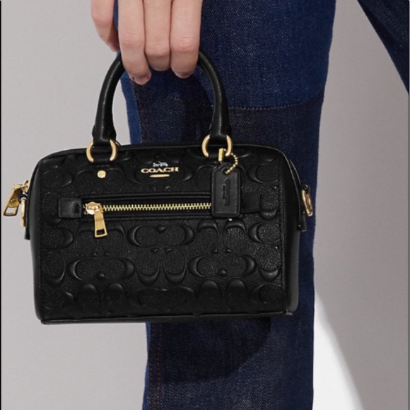 NWT COACH MINI ROWAN CROSSBODY IN SIGNATURE LEATHER GOLD/BLACK SHOULDER BAG - Picture 5 of 6